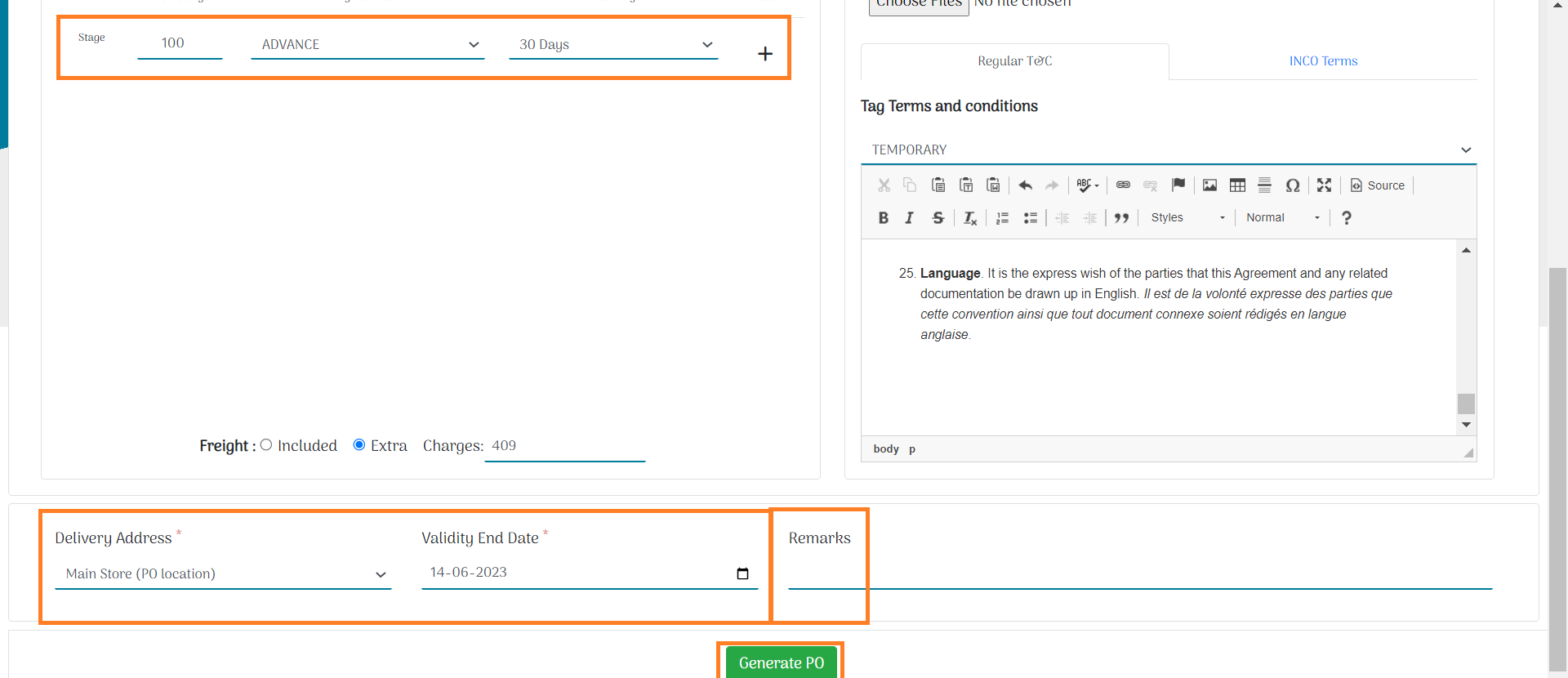 Update TC, Payment Details, Extra Charges: