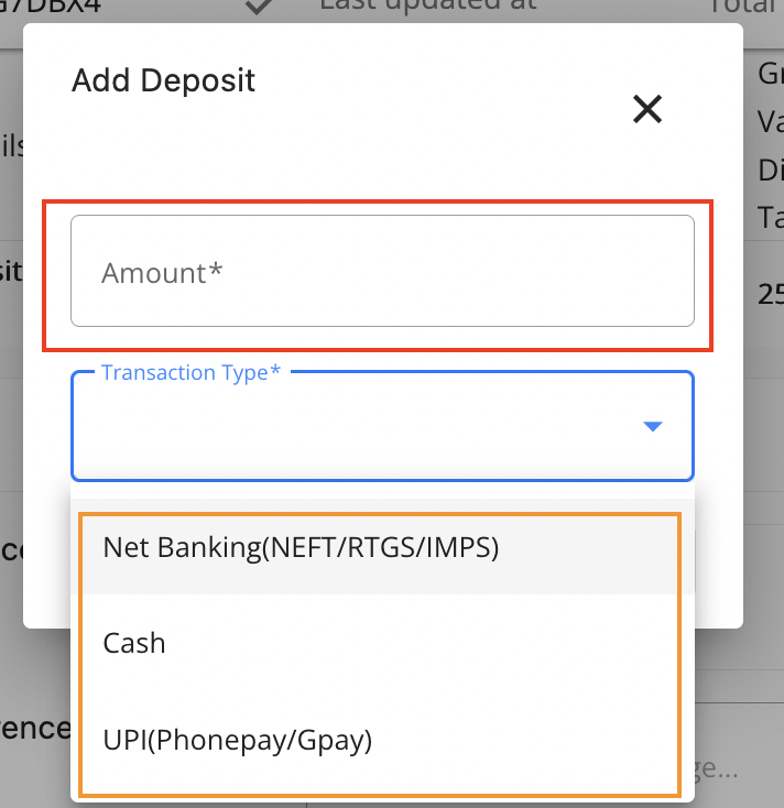 Add Deposit Pop Up
