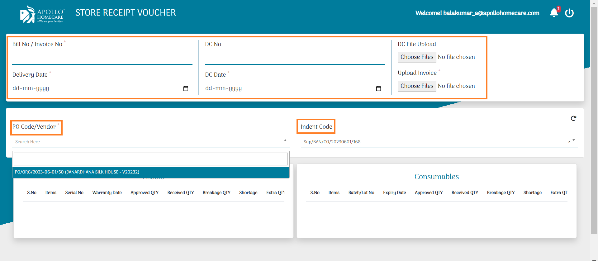 In SRV, PO No, Indent has to Select: